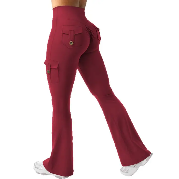 Women's High-Waisted Flared Sporty Chic Yoga Pants, Everyday Active Sports Bottoms with Cargo Pockets, Tummy Control & Butt-Lifting Design