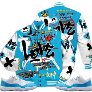 11 Low University Blue Varsity Jacket, Low University Blue 11s Outfits, Happy Love Beats Graffiti Outfits Streetwear Sneaker Matching Shirt