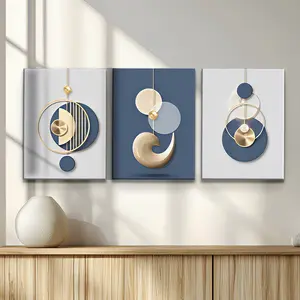 3-Piece Modern Minimalist Abstract Artistic Wall Art Set, Geometric Gold Blue Design, Creative Sculptural Canvas Prints for Living Room & Bedroom Decor