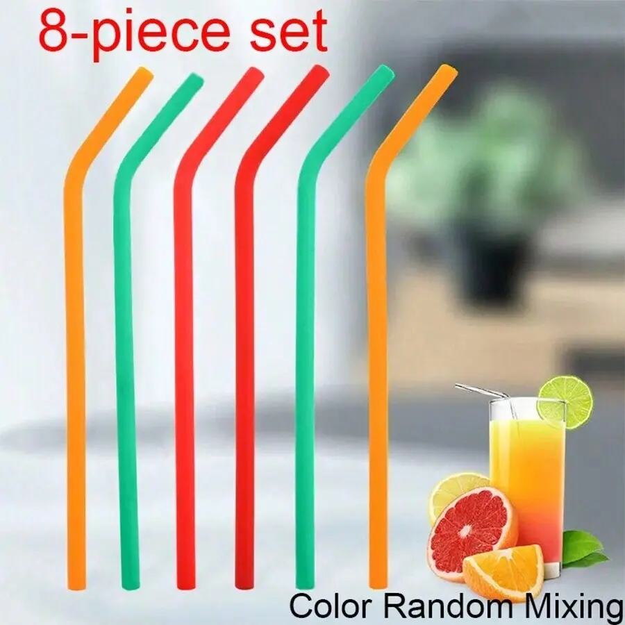 Reusable Silicone Straw Set, 8-Piece Reusable Beverage Straws with Random Colors, Includes 6 Straws and 2 Brushes, Durable and Eco-Friendly