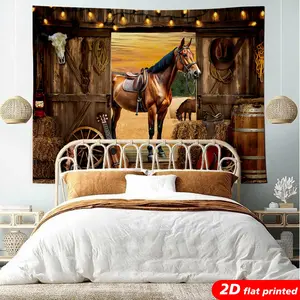 Western Horse Tapestry Wall Hanging, Rustic Farmhouse Barn Hay Bale Sunset Design, 2D Flat Printed Country Cowboy Decor for Living Room Bedroom, Western Home Decor, Horse Lover Gift