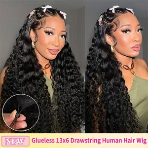 Bling Hair Brazilian Ready To Wear Deep Wave 13x6 Lace Frontal Human Hair Wigs With Elastic Drawstring Pre-cut Deep Wave 13x4 Transparent Lace Frontal Human Hair Wig Pre-Everything Remy Human Hair Wigs For Beginners