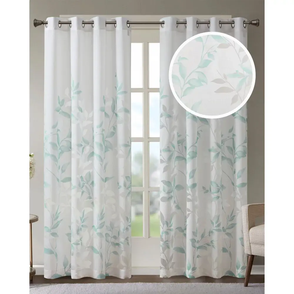 Botanical Print Burnout Design Curtain Panel Ligheweight Sheer Fabric Silver Grommet Top Curtain for All Decor Styles Aqua 50x95"
