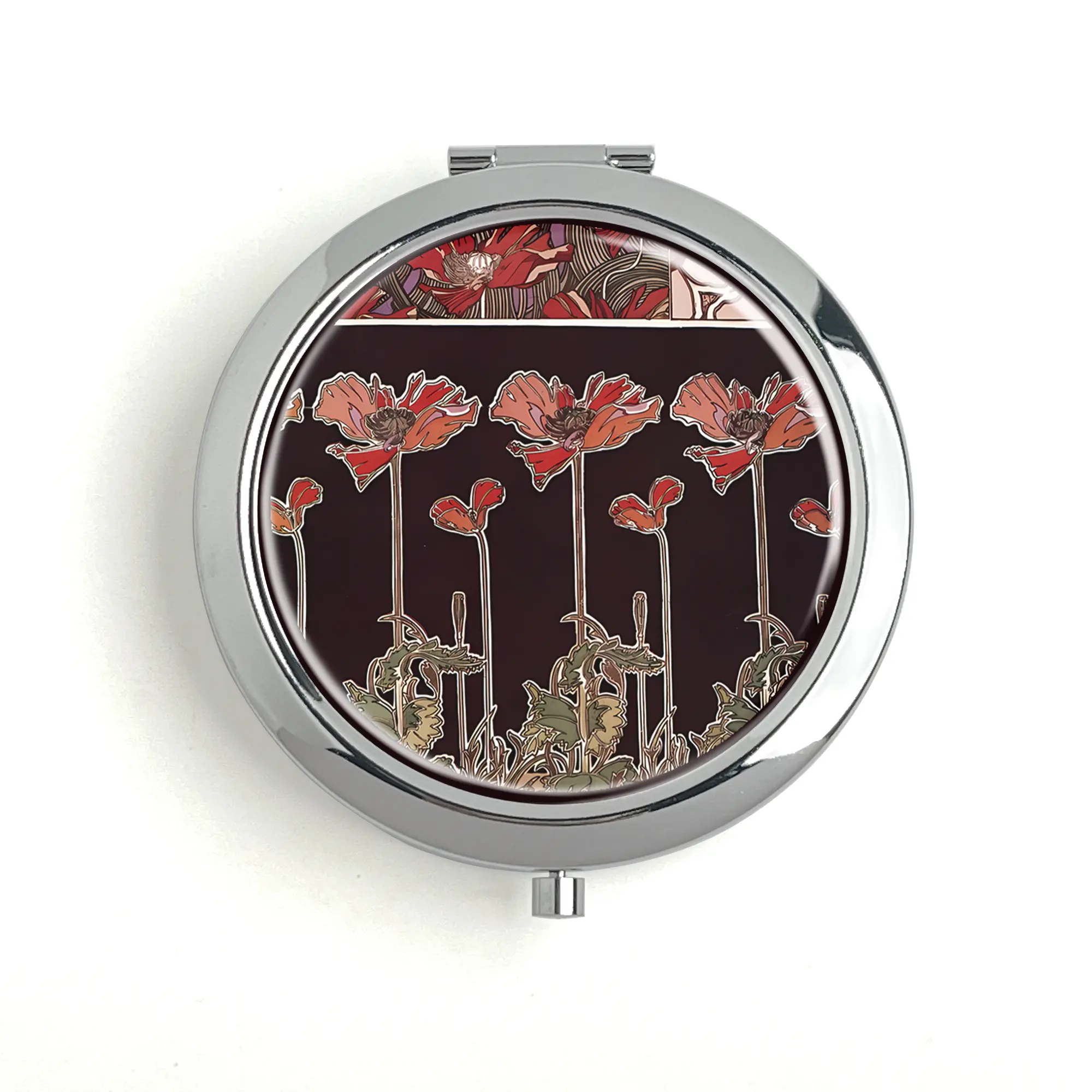 William Morris Art Nouveau Style Poppies Pill Box Travel Pill Box Vitamin Storage Box Metal Makeup Mirror with Unique Design 70mm Diameter