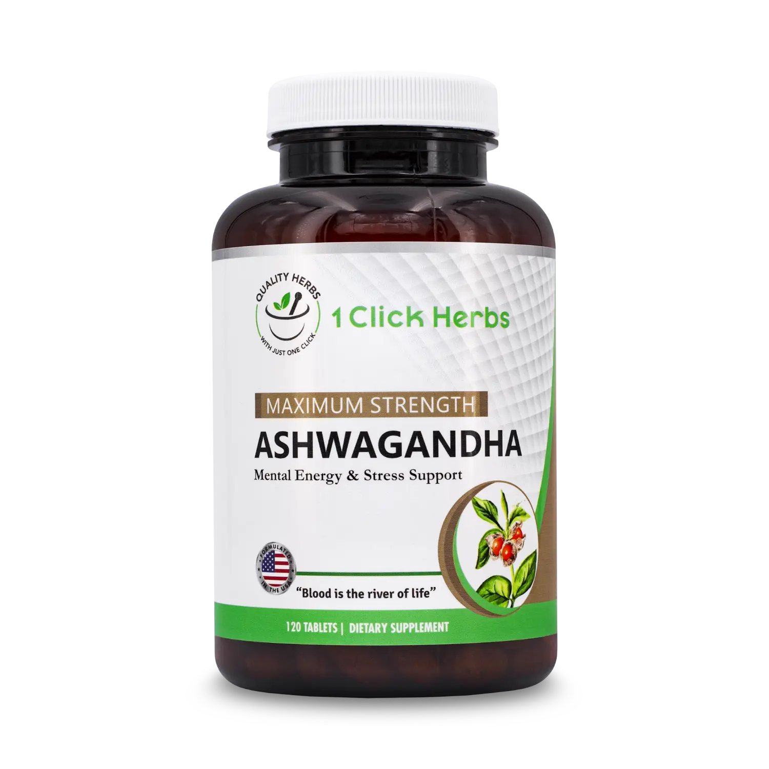 1 Click Herbs Ashwagandha Maximum Strength Supplement with Organic Root Powder & Black Pepper for Stress Management & Energy Support