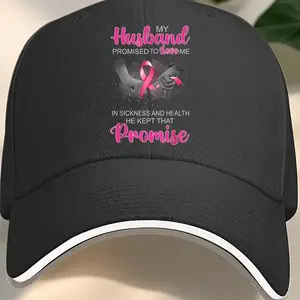 S&T Men's Black Baseball Cap with Pink Strips - Breast Cancer Awareness Cap, Husband Commitment Message, Lightweight Non-Elastic Baseball Cap for Cancer Support, Weddings, Anniversaries - Machine Washable Daily and Special Occasion Hat - Support Him