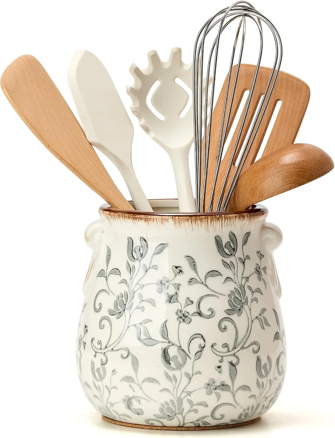 Utensil Holder for Kitchen Counter, Modern Farmhouse Rustic Cooking Utensil Crock, Exquisite Chinoiserie Floral Ceramic Utensil Organizer for Home Kitchen Decor, Gray Flower Patterns