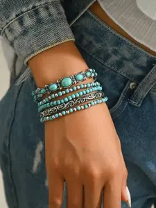 Western Cowboy Style Vintage Faux Turquoise Beaded Stackable Bracelet Set, 5 Pcs Elastic String Jewelry Beads Bracelets for Men & Women, Boho Retro Wrist Accessories for Daily Wear Party Holiday Gifts