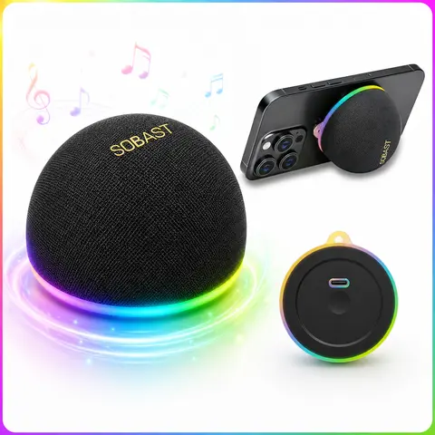 SOBAST S20 Magnetic Mini Bluetooth Speaker Portable, Wireless with 2-in-1 Phone Stand, Dynamic RGB Lights, TWS Stereo Pairing, Hands-Free Calls, Bluetooth 5.3 for Home, Outdoor, Travel, Gym, Gifts for Men Women, Long Playtime