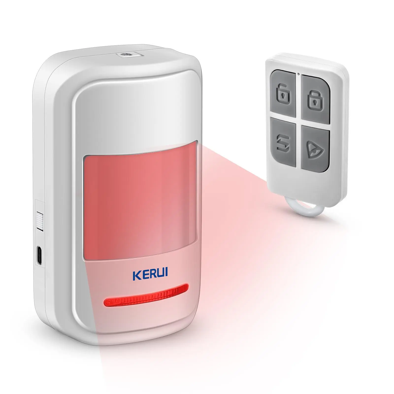 KERUI Motion Sensor Alarm with Remote Control, PIR Infrared Motion Detector Doorbell, 110° 9m Detection, 2 Power Modes (3x AAA Battery / Type-C), Alarm & Doorbell Chime, for Home Shop Garage – Batteries Not Included