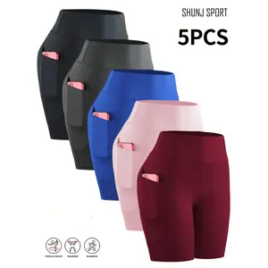 Women's Athletic Bottoms - 5 Pack High Waist Biker Shorts with Pockets, Tummy Control & Butt Lifting Workout Spandex for Gym, Yoga, Running