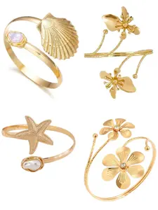 4 Pcs Shell & Starfish Upper Arm Bracelets, Adjustable Pearl Cuff Set, Bohemian Beach Style, Women's Summer Party Jewelry