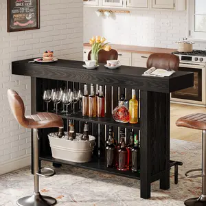 LITTLE TREE Black Large Home Bar Unit, 2-Tier Mini Bar Table Height Pub Table with Footrest, 63-Inch Modern Coffee Bar Cabinet for Home Kitchen, Bistro, Dining Room, Living Room