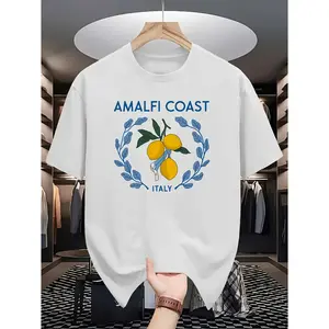Womens Cotton Short Sleeve Graphic Tee Amalfi Coast Italy Lemon Print Summer Vacation Outfit Soft Casual Crewneck Shirt Travel Streetwear Top
