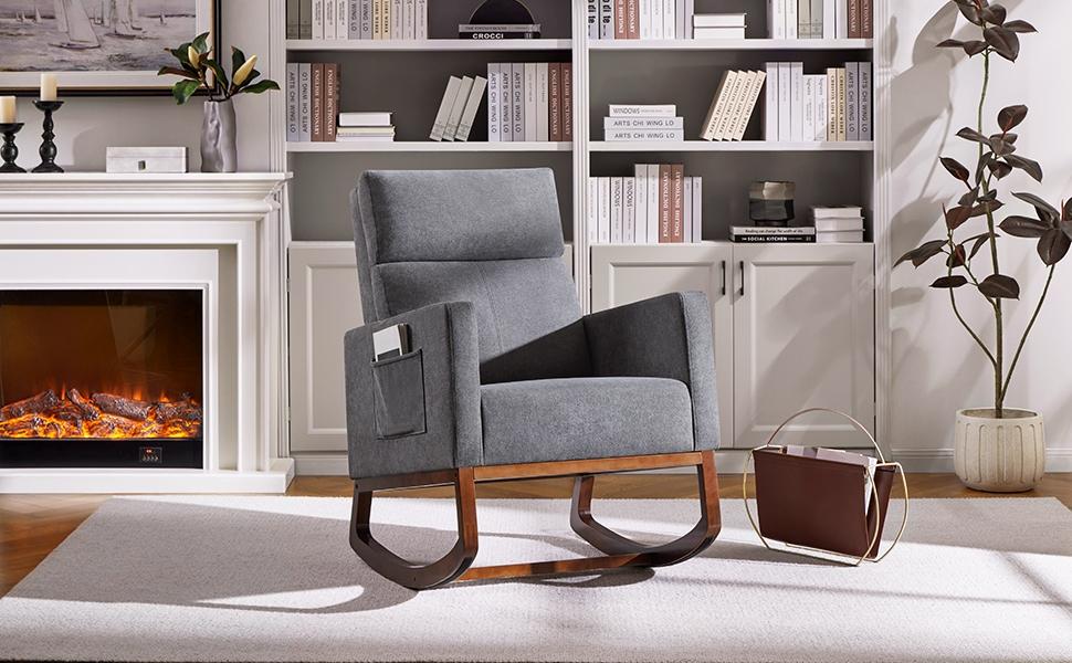 Yaheetech Rocking Chair Upholstered Glider Chair with Solid Wood Legs, Rocking Accent Armchair with High Back and Side Pocket for Living Room Bedroom