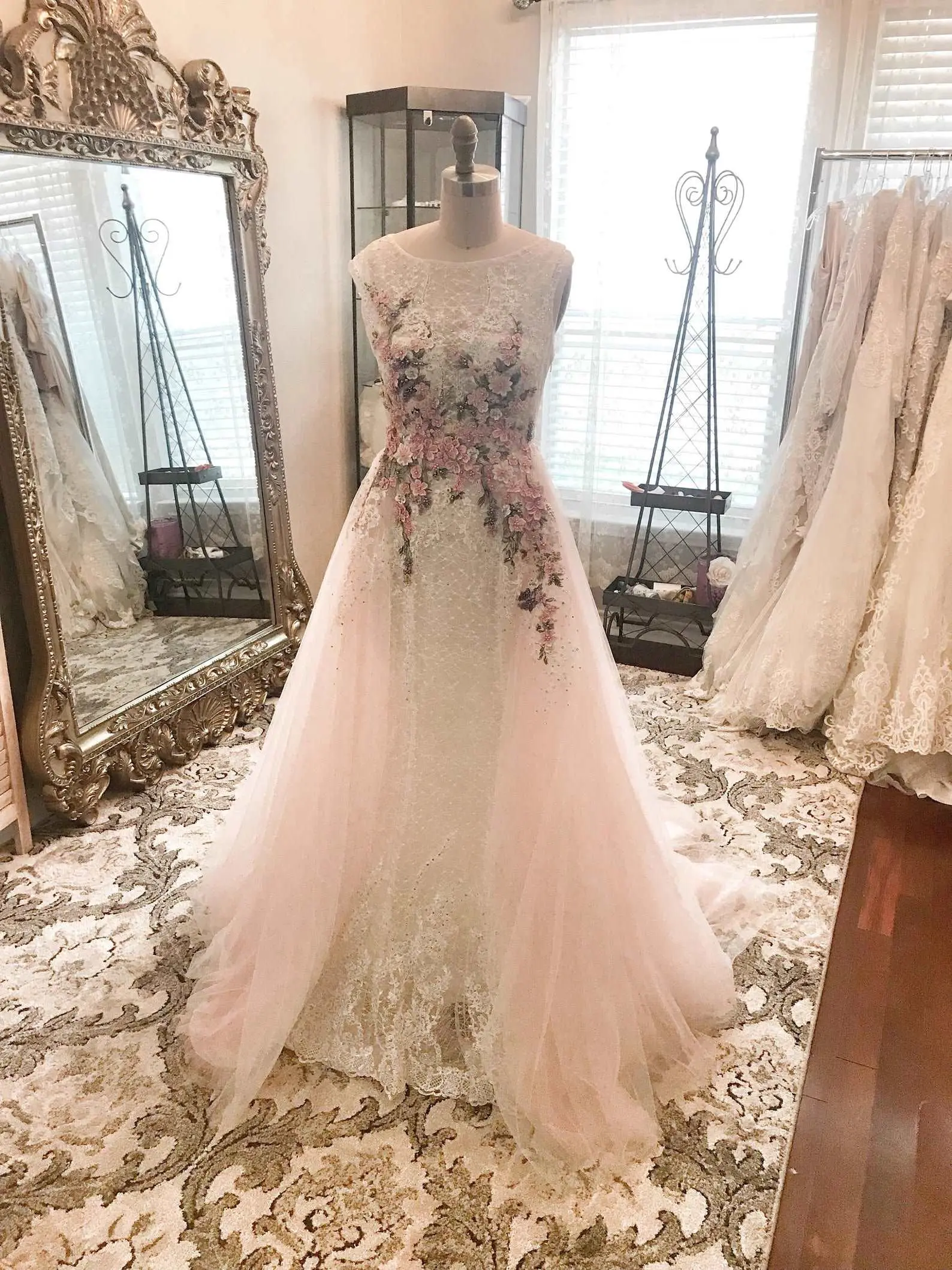 A-Line Wedding Dress with Sheer Bateau Bodice and Blush Chapel Train in Tulle with Colorful Beaded Floral Lace, Zipper, Style
