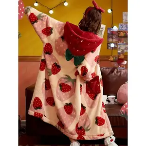 Thickened Fleece Long Sleeve Cute Strawberry Hooded Night Robe With Pockets For Fall & Winter, Women's Sleepwear & Dresses