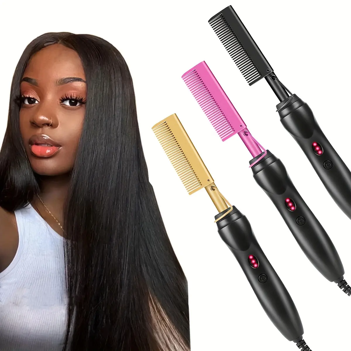 Portable Ceramic Hot Comb Hair Straightener & Curler – Copper Heat Press Styling Tool Wet and Dry Hair, Beard, and Wigs – 110V, US Plug, Ergonomic with Comfort Grip  Heatcomb-Purple