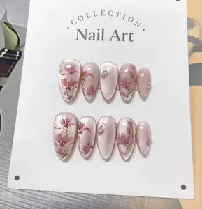 Hand Painted Press On Nails Pink Flowers Cat Eye Nails Art For Holiday Weđing Day Party Gif