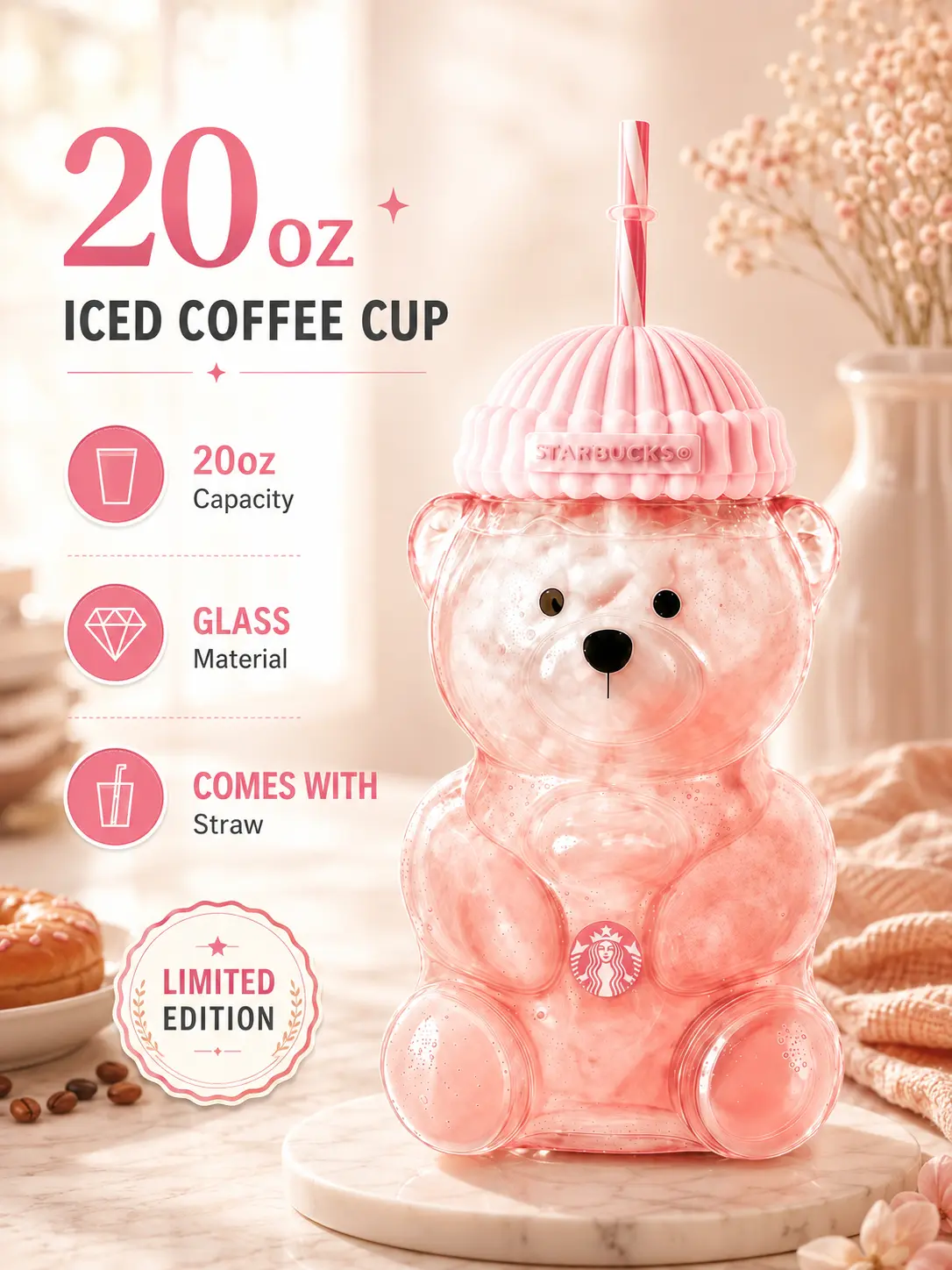 Cute Bear Glass Tumbler with Straw, 20oz Pink Kawaii Cup with Dome Lid, Adorable Animal Drinking Cup for Girls, Aesthetic Iced Coffee Mug, Reusable Glass Water Bottle Gift