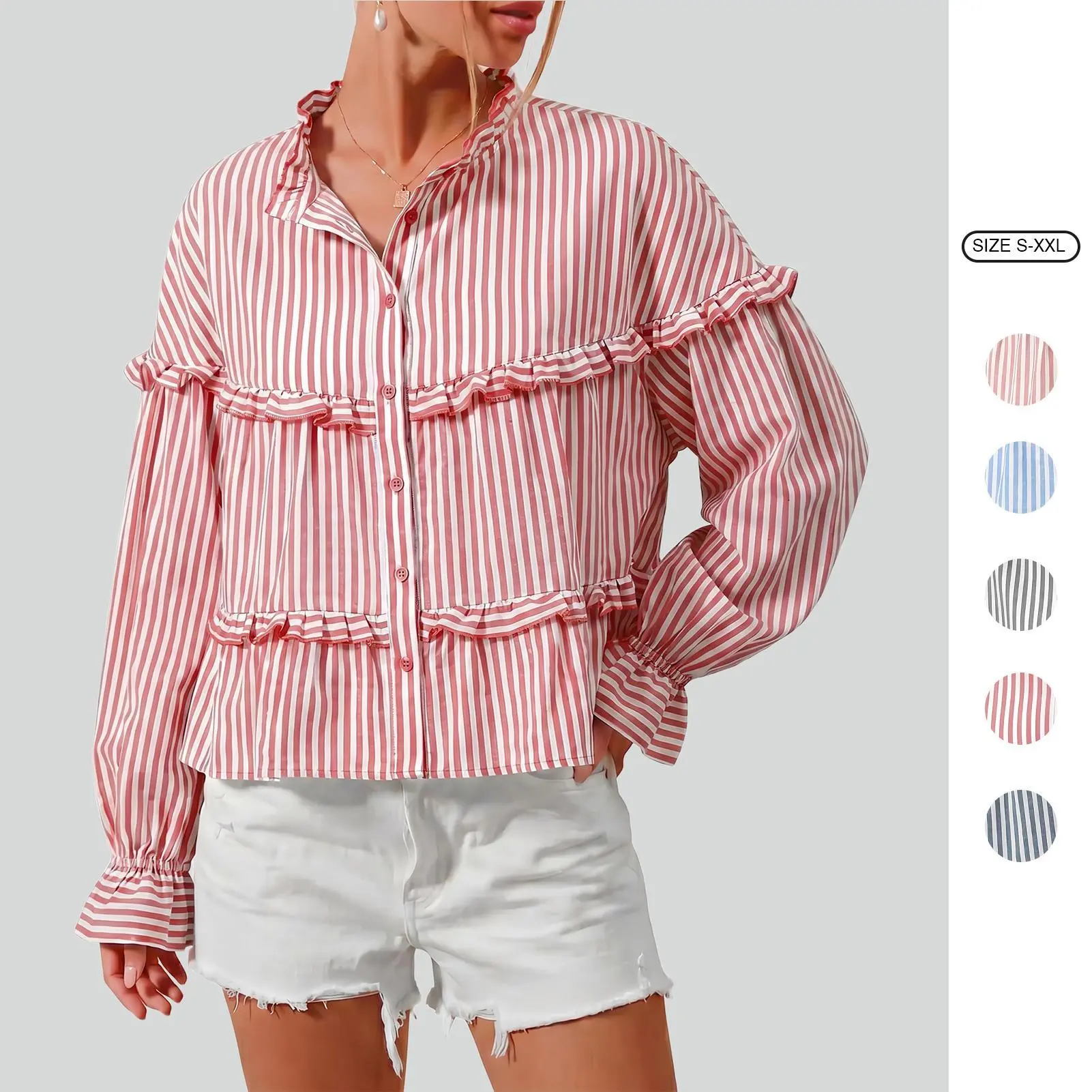 Imily Bela 2026 Fall New In Women Boho Stripe Ruffle Tiered Button Front Shirts Cute Babydoll Top