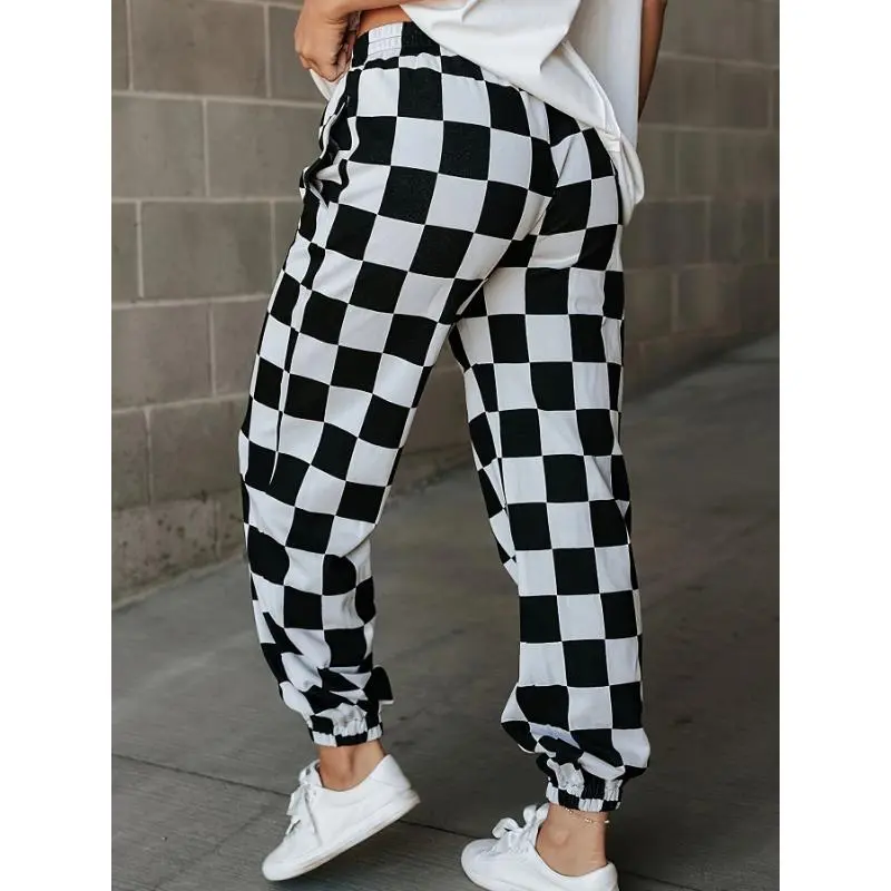 Women's New Fashion Stretch Polyester Blend Printed Joggers with Pockets - Machine Washable, Adult Female Synthetics Plaid Bottoms for Spring/Autumn Casual Wear, Compatible with Raincoats, Adults, Do Not Dry Clean, Loose-Fitting, Sporty Chic, Loose Jogger