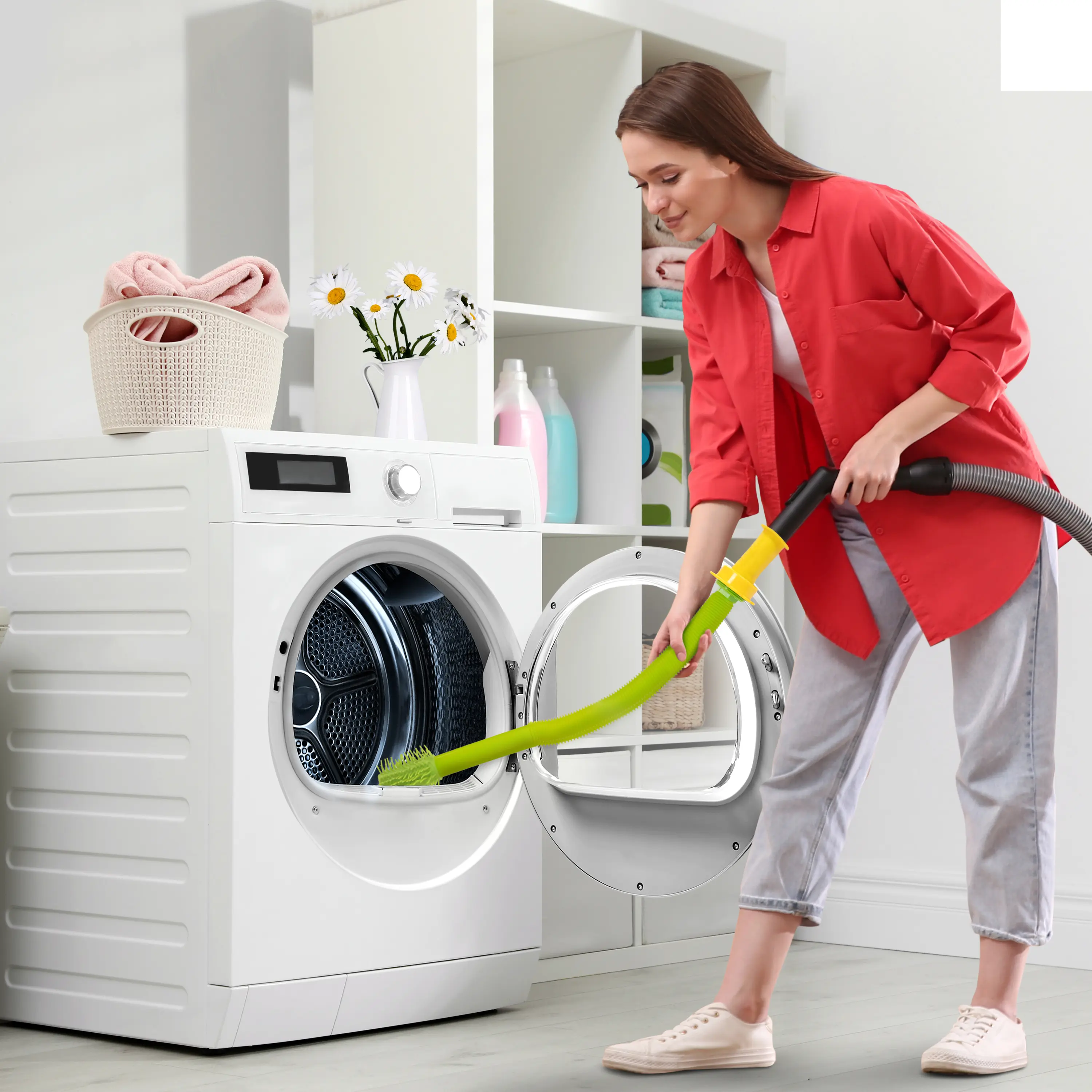 Dust Daisy Stretch-On Dryer Vent Cleaner with Lint Cling Durable Household Vacuum Attachment 33" Non-Clog Hose Efficient Cleaning Fun Design