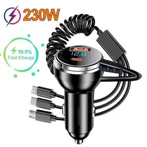 5-in-1 Car Mobile Phone Charging Cable, USB Car Phone Charger Adapter with Spring Cable & LED Voltage Monitor, Charger for iPhone Samsung Huawei, Electronic Smartphone Charger