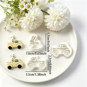 3pcs Ins Style Pickup Truck Rabbit and Square Texture Pattern Polymer Clay Cutters, Casual Bestie Gift Jewelry Making Kit, A Soft and Cute Rabbit with Long Ears, Bright Black Round Eyes Sitting on a Pickup Truck and a Square Texture Pattern