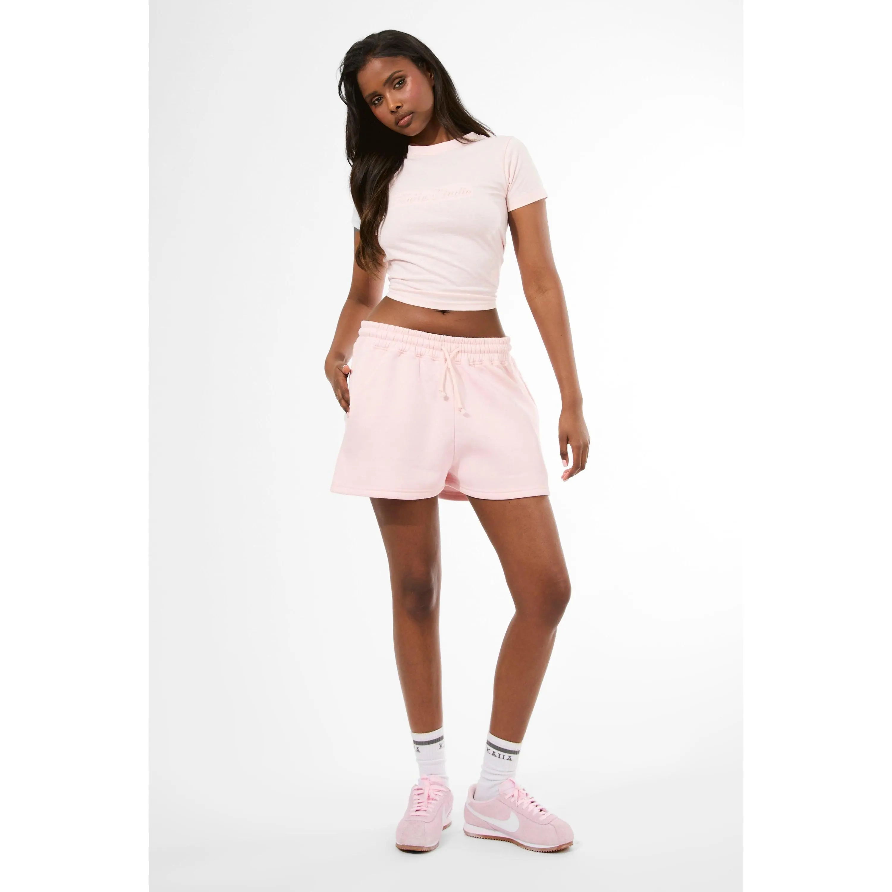 Kaiia Studio Embossed Script Logo Oversized Shorts Strawberry Pink