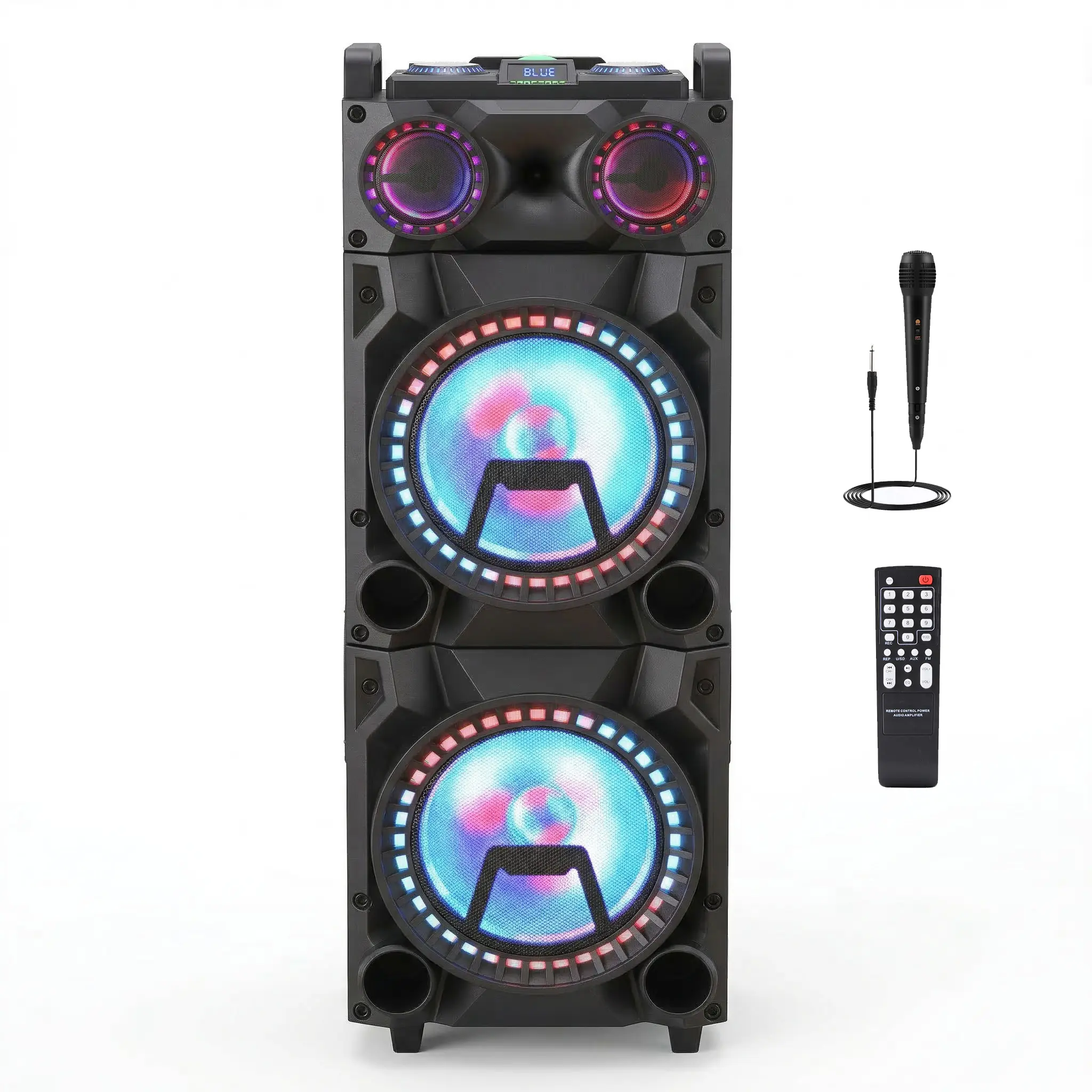 Portable Bluetooth Hi-Fi Karaoke Speaker Rechargeable PA System with Dual 12" Subwoofer, Colorful Party Lights, Telescopic Pull Rod, Remote, Mic Audio, Smartphone Compatibility, Card Support, MP3 Playback, Android Compatibility