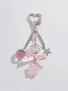 Coquette Aesthetic Y2K Cute Bow Strawberry Five Pointed Star Keychain Pendant,Pink Strawberry Keyring Bag Charm Bowknot Star Bag Chain Charm Flower Tassel Beaded Chain Phone Charm Lobster Clasp Book Bag Student Womens Bag Backpack Pants Chain Accessories