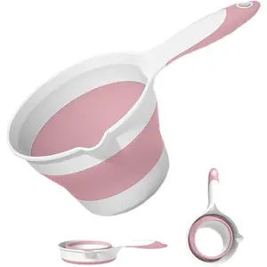 Collapsible Water Ladle Plastic Folding Dipper for Pet Bath Soaking Cleaning, Portable Water Pourer Scoop Spoon for Camping Travel, Small Shower Bucket Basin Tub Rinse Cup Mug for Hair Washing, Pink