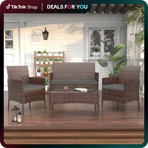 Amopatio Patio Furniture Set 4 Pieces w Glass Table, Small Outdoor Rattan Wicker Conversation Set for Family Party,Backyard,Garden,Beck,Porch