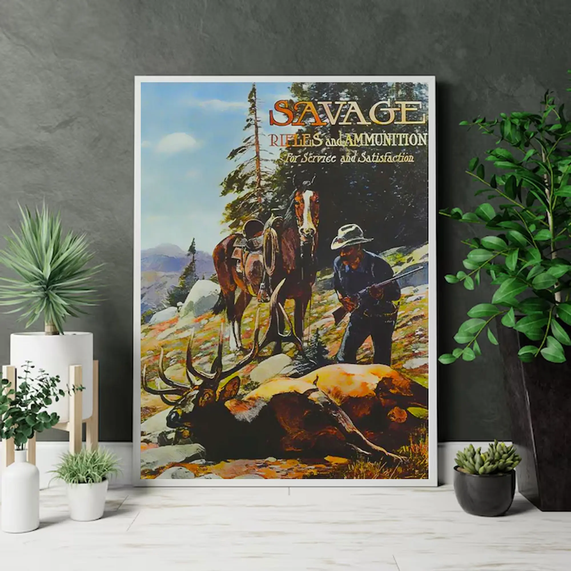 Vintage Savage Rifles & Ammunition Hunting Poster, Retro Cowboy Hunter & Elk Wall Art Print, Outdoor Cabin & Man Cave Decor