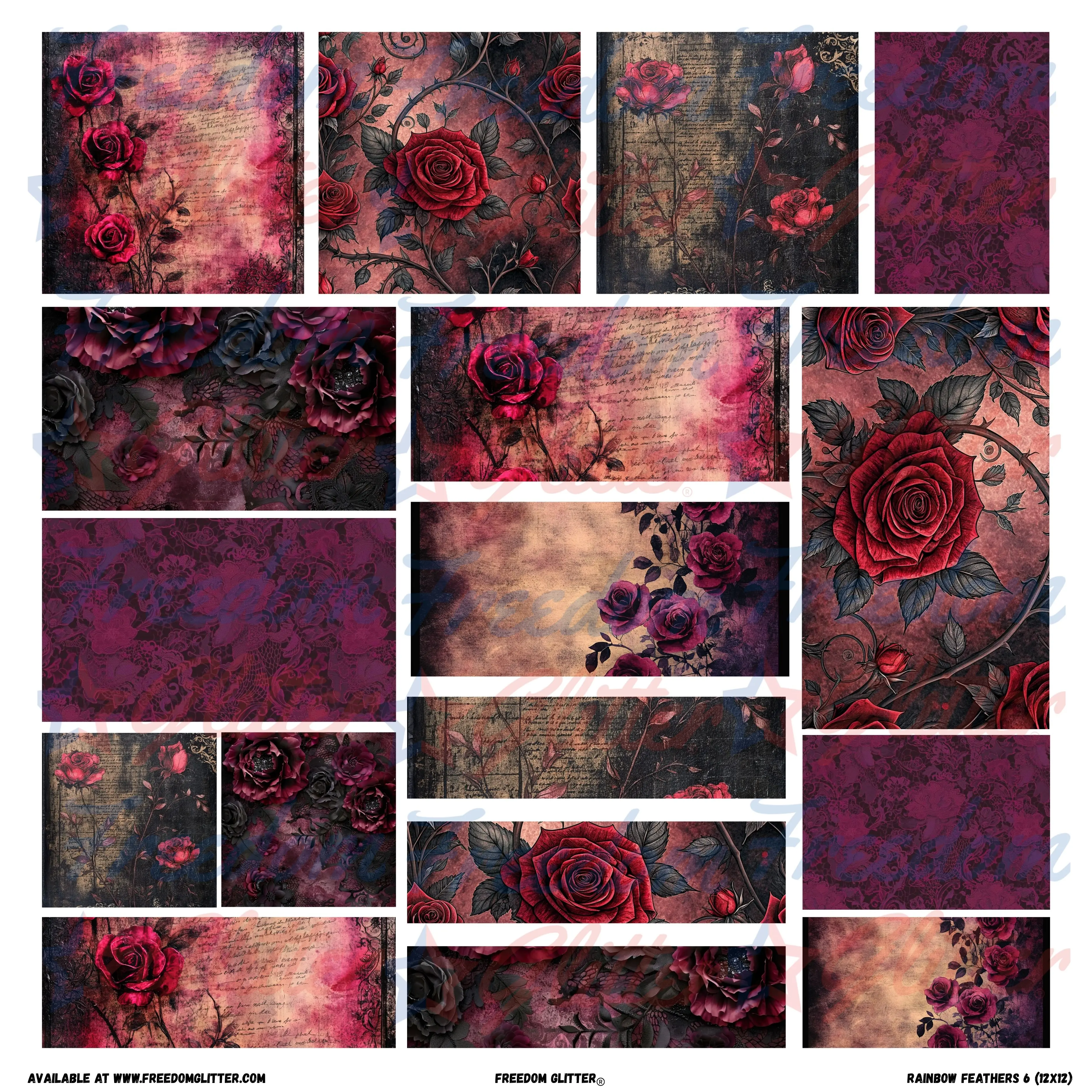 Dark Romance 2 Patchwork Element Sheet – Gothic Red Roses – Pre-Cut Printed Vinyl (10x10 or 12x12)