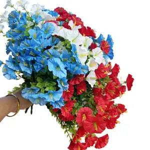 12pcs Red White Blue Artificial Flowers for Outdoors, Decorative, Faux Petunias Flowers Hanging Plants with Eucalyptus UV Resistant for Outside Patio Garden Porch Balcony Yard Decor 4th of July Decor, USA Independence Short Stem Faux Cemetery Flowers