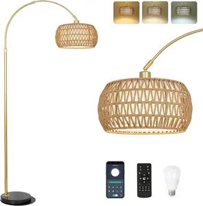 YYDS Gold Floor Lamps for Living Room, Arc Floor Lamp with Remote & Dimmable Bulb, Boho Rattan Standing lamp with 3 Color Temperatures, Height Adjustable Tall Lamp for Bedroom, Over Couch Reading Lamp