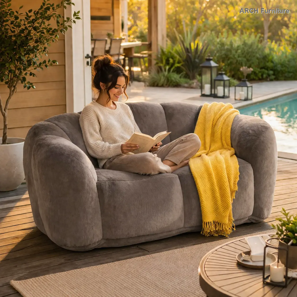 Large Size ARCH Floor Sofa - 2-Seater Modern Upholstered Lounger, High-Density Foam Filling, Ultra-Soft Fluffy Fabric, Brown Bean Bag Chair for Adults, Living Room Bedroom Outdoor Furniture, Modern Upholstered Sofa, Lazy Sofa Bed