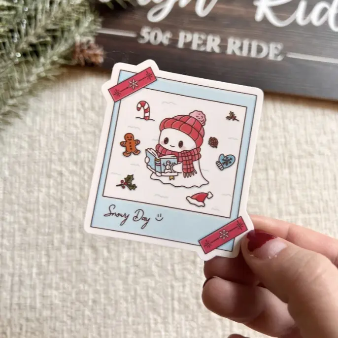 Adorable Snowman Polaroid Stickers, Festive Winter Scene Design with Cozy Hat & Festive Elements, for DIY Scrapbooking Stamping & Enhancing Holiday Decorations