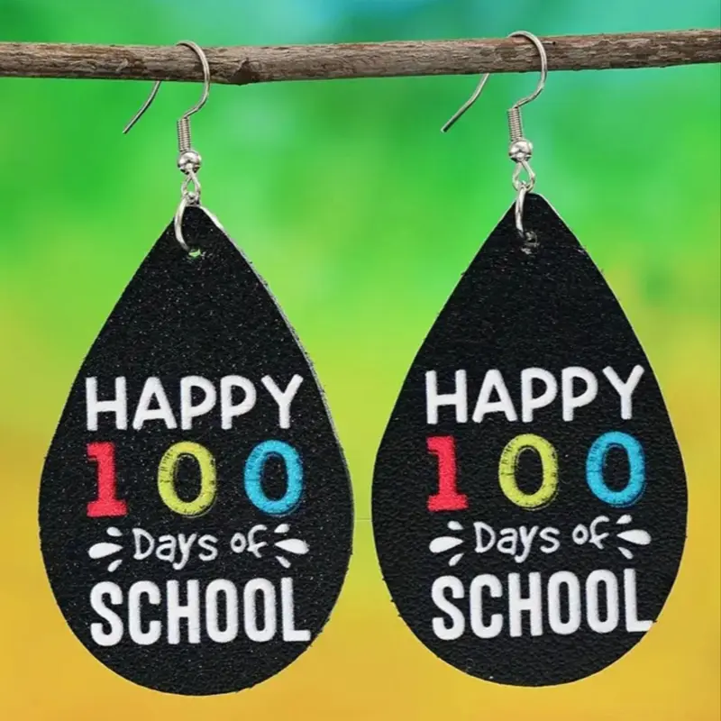 Letter Pattern Microfiber Leather Earrings, Water Drop Shaped Dangle Earrings, Happy 100 Days of School Earrings, Holiday Gift for Women, Casual Trendy Jewelry