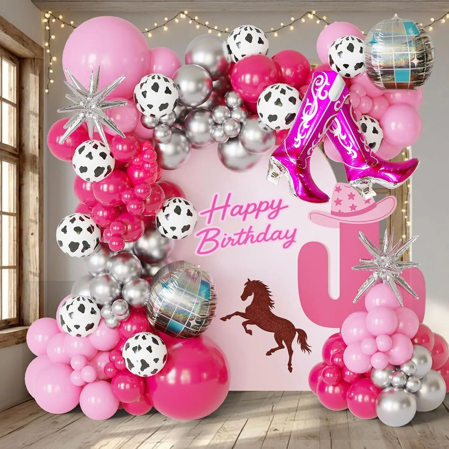 Cowgirl Balloon Arch Kit, Pink Silver Cow Print & Iridescent Disco Boot Star Balloons, Disco Cowgirl Party Decorations For Birthday, Last Rodeo Bachelorette