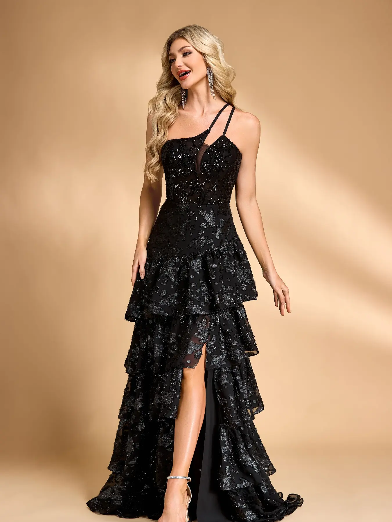 Elegant One-Shoulder Evening Dress with Sequined Layered Skirt, Cute Princess Style, Long Floor-Length, High Slit, Ball Gown Backless Design