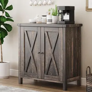Rustic Brown Oak Farmhouse Sideboard Buffet Cabinet - Adjustable Storage Cabinet with Adjustable Shelves and Barn Door Look, Warp-Resistant Rustic Modern Cupboard, Easy Setup Coffee Bar and Kitchen Organizer