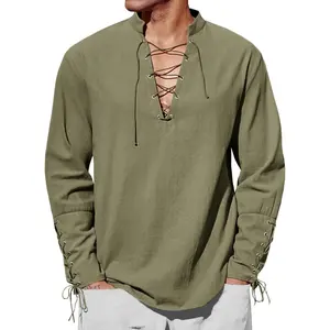 PASLTER Mens Medieval Pirate Shirt Steampunk Renaissance Viking Retro Long Sleeve Lace Up Mercenary Halloween Costume Tops Menswear Clothing