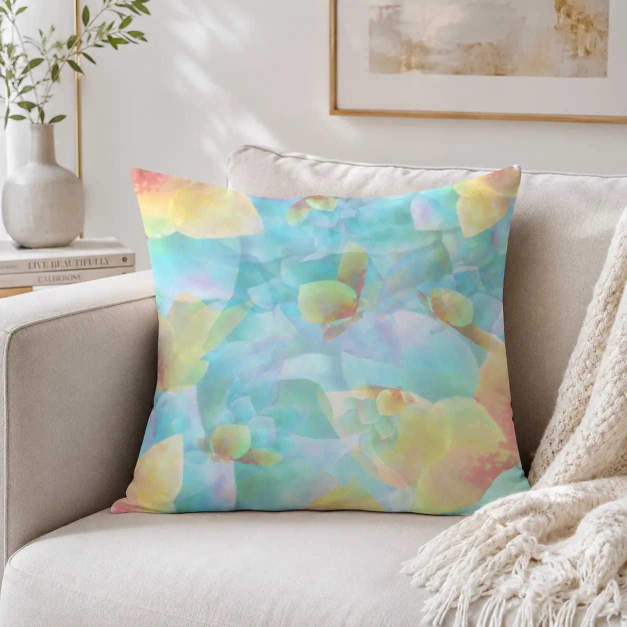 Botanical Watercolor Throw Pillow – Soft Bloom Garden Accent Cushion