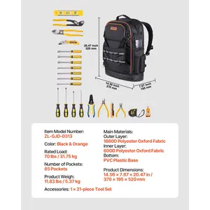 VEVOR Tool Backpack with Tools, 65 Pockets, Heavy-duty Tools Storage Organizer Bags with Laptop Compartment Molded Base, Electrician Jobsite Backpack for Electrician, Repairman, and HVAC Techs