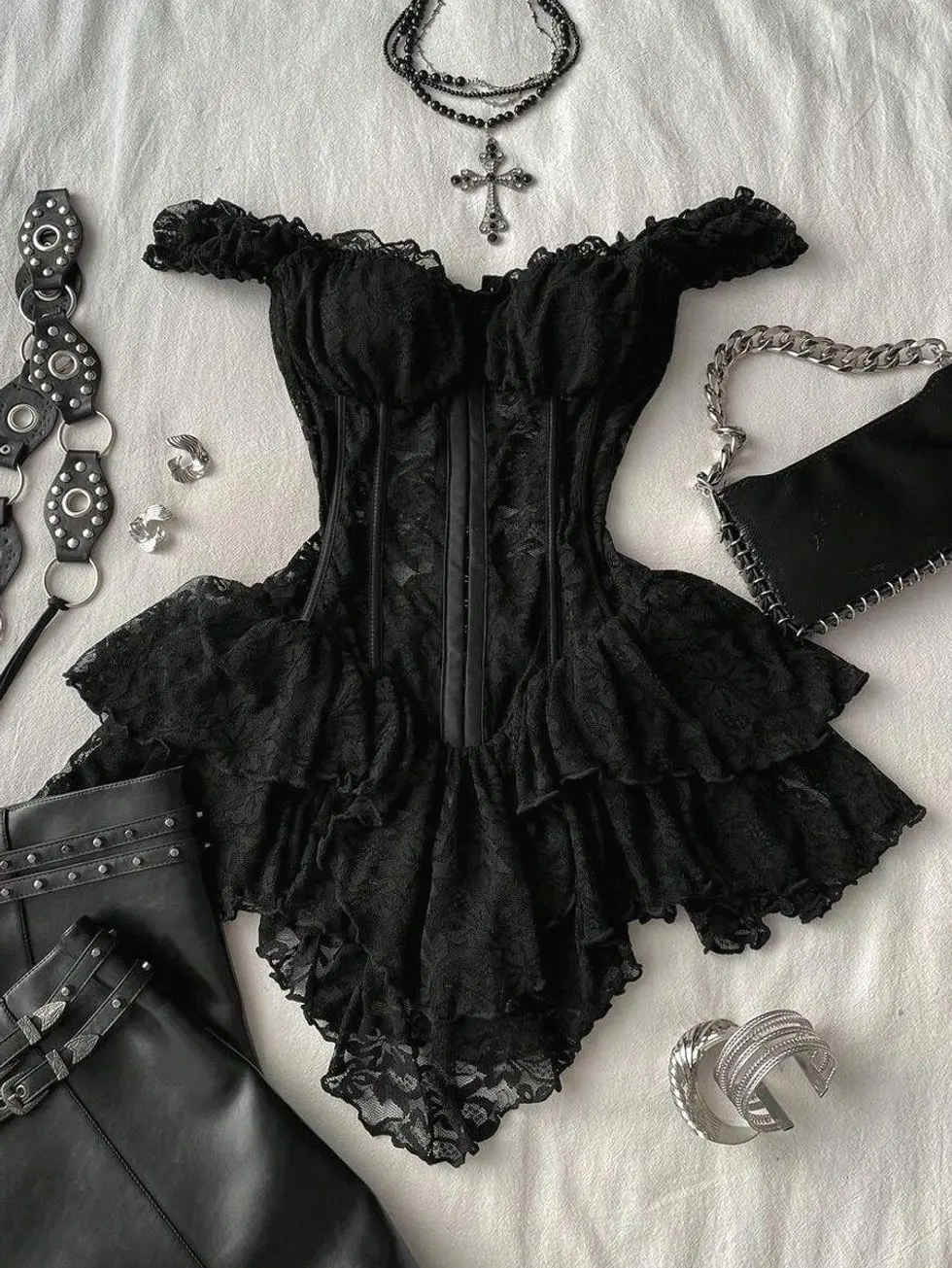 Attitoon Women's Black Summer Goth Corset Lace Bodycon Mini Dress,Vintage Y2K Asymmetrical Hem Elegant Party & Casual,Night Club Music Festival Outfits