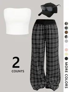 Women's Bandeau Crop Top & Plaid Wide-Leg Pants 2-Piece Set, Soft Fabric, Relaxed Silhouette, Casual Streetwear, Loungewear