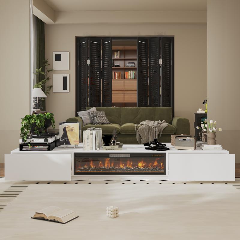 FUFU&GAGA Fireplace TV Stand for TVs Up to 109" with 46" Electric Fireplace Heater LED Light Media Console Storage Cabinet, White Entertainment Center for Living Room